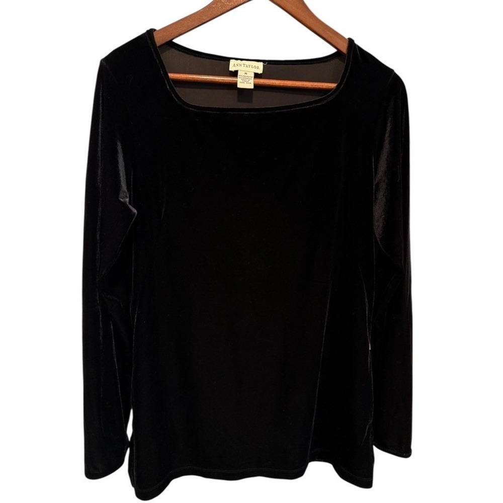 Ann‎ Taylor Black Velvet Square Neck Long Sleeve Top Stretch Blouse Women Sz M